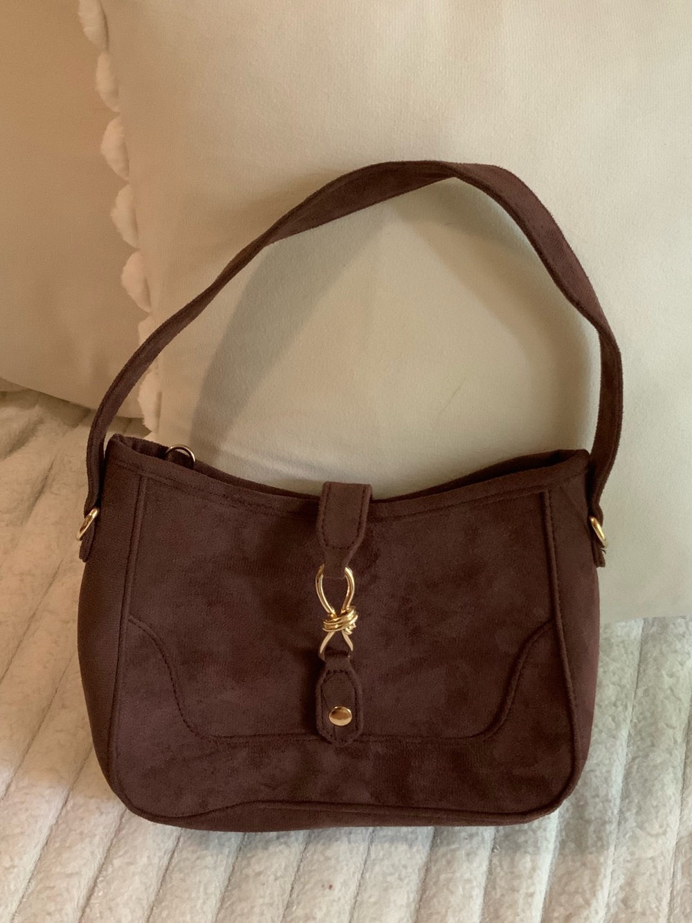 Brown Suede Shoulder Bag with Gold Hardware